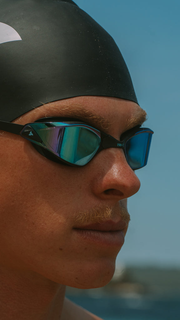 Man wearing TRI-FIT PROPEL Goggles and Black Swim Cap.