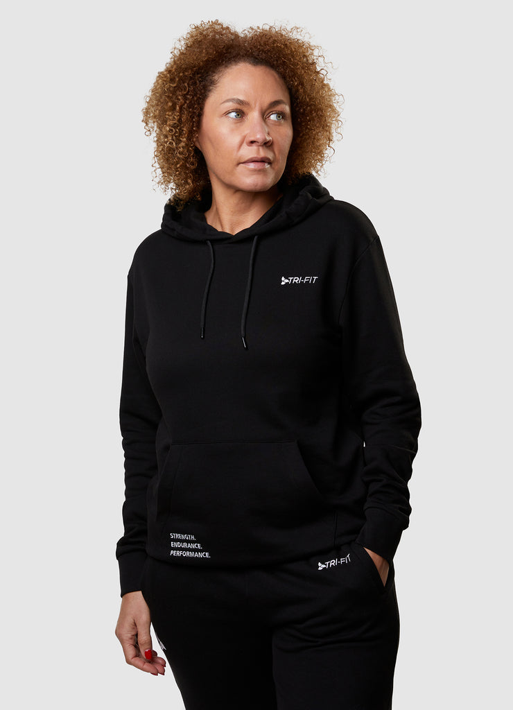 Woman wearing TRI-FIT Casualwear black hoodie