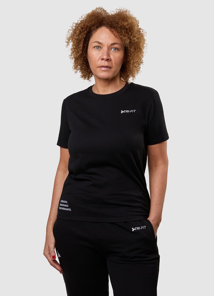 Woman wearing TRI-FIT Casualwear black cotton T-Shirt.