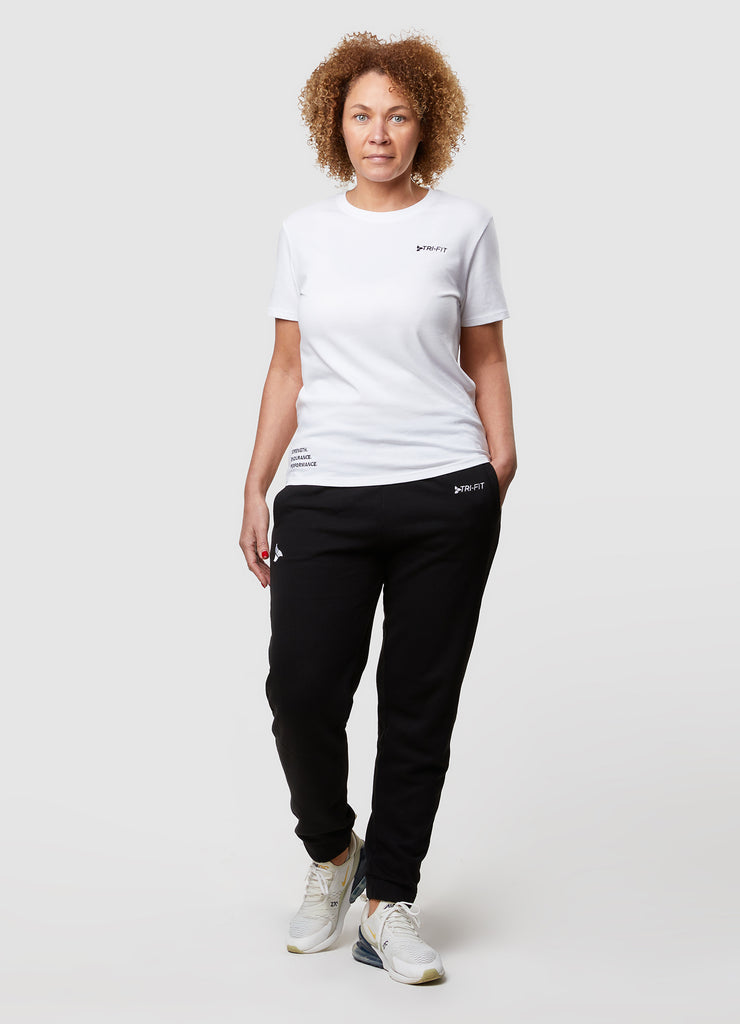 Woman wearing TRI-FIT Casualwear white cotton T-Shirt.