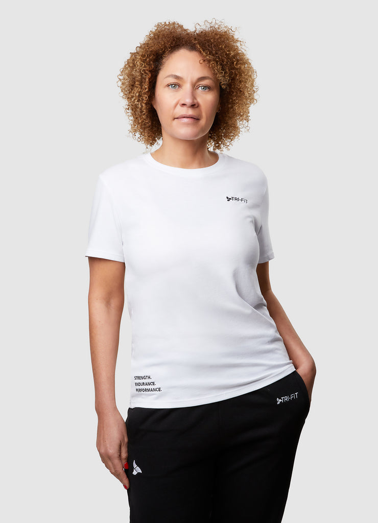 Woman wearing TRI-FIT Casualwear white cotton T-Shirt.